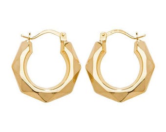 9CT Gold Hoop Earrings 20mm Multi Face Plain Round Faceted Creole Loops Sleepers Gift