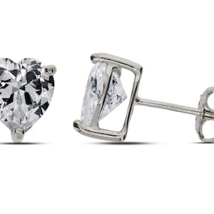 Sterling Silver CZ Stud Earrings 4mm 6mm 8mm Heart Shape Cubic Zirconia Heavy Weight Solid Casted