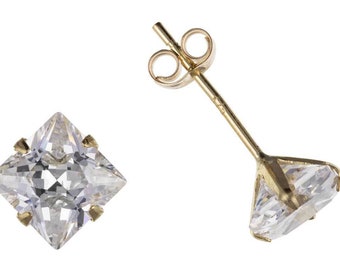 Pendientes de botón de oro de 9 quilates con circonitas cúbicas cuadradas blancas de 3 mm, 4 mm, 5 mm, 6 mm, 7 mm y 8 mm.