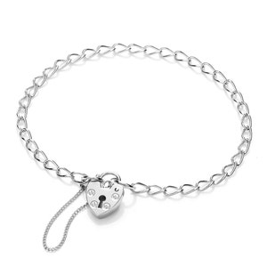 Sterling Silver Charm Bracelet 7.6&quot; Ladies Flat Round Curb With Screws Pattern Padlock Safety Chain Gift Box