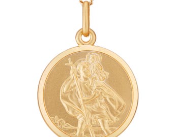 9ct Gold on Sterling Silver St Christopher 18mm Round Pendants Satin Finish Plain Back Free Gift Box Optional 16" 18" 20" Curb Chain