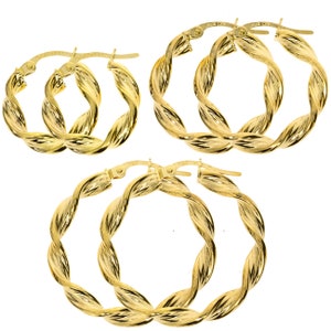 9CT Gold Hoop Earrings 3.0mm Ribbon Twist Creoles Satin Tube Patterned Round Sleepers Gift Box