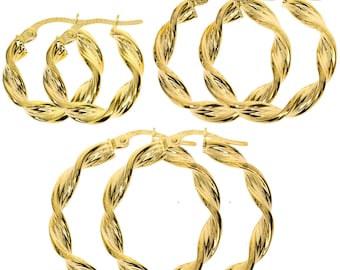 9CT Gold Hoop Earrings 3.0mm Ribbon Twist Creoles Satin Tube Patterned Round Sleepers Gift Box
