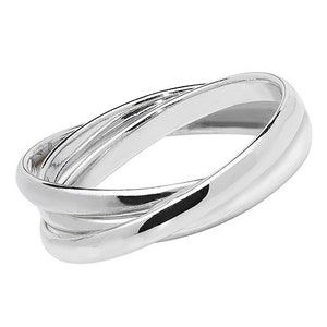May include: A silver ring featuring three interlocked bands. The bands are smooth and polished, giving a sleek and contemporary look.