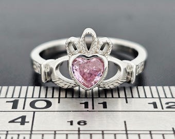 Sterling Silver Claddagh Ring Childs Ladies Gents Pink Opal CZ October Birthstone Cladda Heart Hands Irish Wed Gift Box Large Sizes