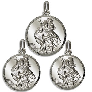 Sterling Silver St Christopher Pendants Engraving Options Round Diamond Cut Satin Finish Plain Back Free Gift  Box