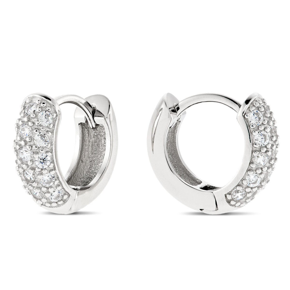 Sterling Silver Huggie Earring 15x5mm D Shape Pave Cubic