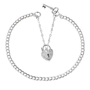 Sterling Silver Charm Bracelet 7.8&quot; Ladies Flat Round Double Curb With Screws Pattern Padlock Safety Chain Ornate Key Gift Box