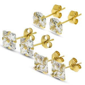 9CT Gold CZ Studs Earrings White Cubic Zirconia Round Square and Square Cut Pairs Gift Box
