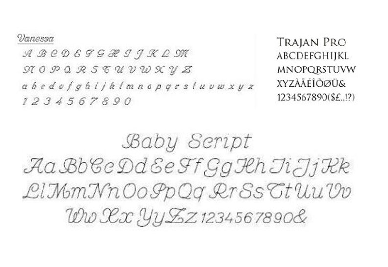 May include: A white background displays three different font styles: Vanessa, Trajan Pro, and Baby Script. Each font shows the alphabet, both uppercase and lowercase, along with numbers and special characters. The Baby Script font is a cursive style.