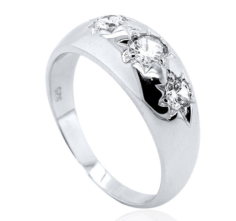 Sterling Silver CZ Gypsy Ring Gents Cubic Zirconia Signet Wed Band Gift Box Large Sizes