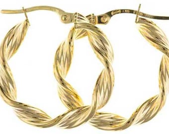 9CT Gold Hoop Earrings 20x3.0mm Ribbon Twist Creoles Satin Tube Patterned Round Sleepers Gift Box