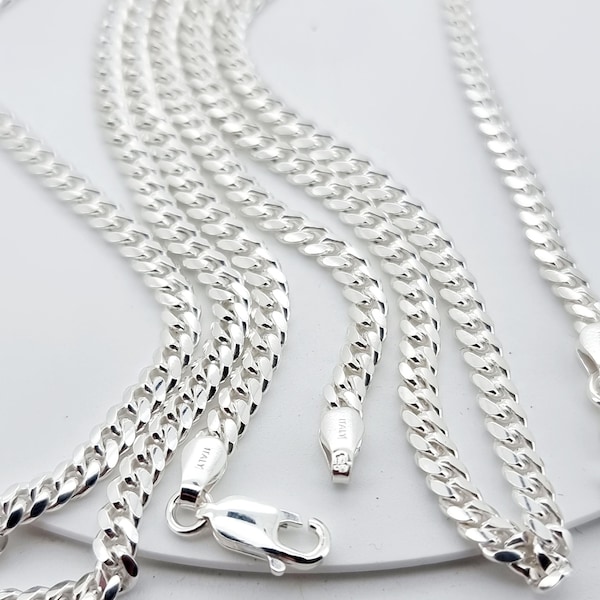 Sterling Silver Cuban Curb Chain 3.5mm Flat Square Diamond Cut Bevel Edge Link Necklace Ladies Gents Gift Box