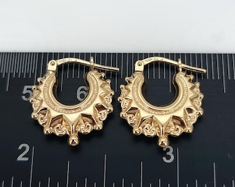 9ct Yellow Gold on Silver Victorian Spike Creole 15x17mm Round Gypsy Hoop Earrings Gift Box