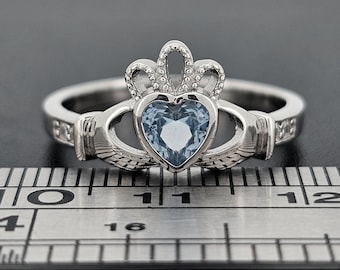 Sterling Silver Claddagh Ring Childs Ladies Gents Blue Aqua Marine CZ March Birthstone Cladda Heart Hands Irish Wed Gift Box Large Sizes