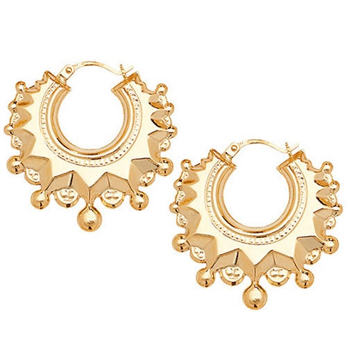 9CT Gold 28mm Victorian Spike Creole Hoop Earrings Gypsy Vintage Gift Box