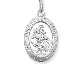 Sterling Silver Saint Christopher Protect Us Engraving Option Oval Pendant Free Gift Box