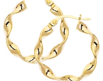 9CT Gold on Sterling Silver Hoop Earrings 17x3mm Candy Ribbon Twist Tubes Cable Round Shiny Sleepers Loops Gift Box