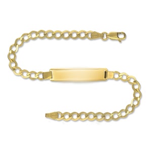 May include: A gold chain bracelet with a rectangular nameplate charm. The chain is a curb style and the clasp is a lobster claw.