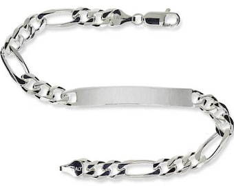 Sterling Silver ID Bracelet Free Engraving Gents 8.5" Identity Solid Figaro Curb Chain Free Gift Box