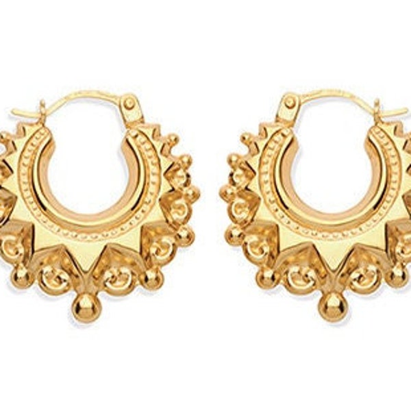 Yellow Gold Plated Sterling Silver Victorian Spike Creole 20x21mm Round Gypsy Hoop Earrings Gift Box