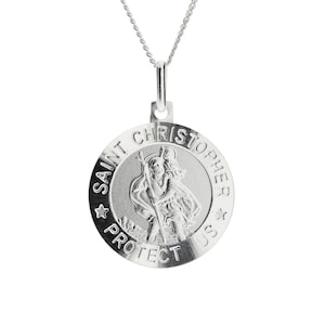 Sterling Silver St Christopher Engraving Option Necklace + Chain 16" 18" 20" Curb Chain Protect Us Pendants Round Satin Finish Gift  Box 925