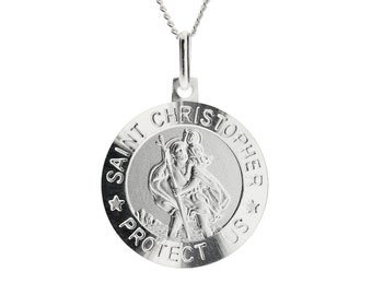Sterling Silver St Christopher Engraving Option Necklace + Chain 16" 18" 20" Curb Chain Protect Us Pendants Round Satin Finish Gift  Box 925