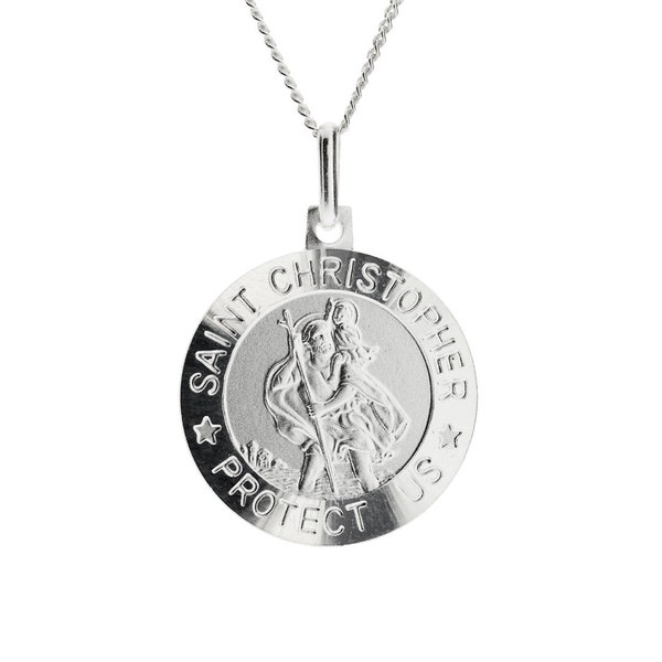 Collier avec option de gravure Saint-Christophe en argent sterling + chaîne de 40,6 cm (18 po.) 20 po. Gourmette Protégez-nous, pendentifs ronds finition satinée, boîte cadeau 925