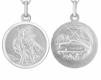 Sterling Silver St Christopher 18mm Round Pendants Satin Finish Travel Back Car Boat Planes Free Gift  Box Optional 16" 18" 20" Curb Chain