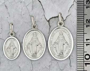 Sterling Silver Miraculous Medal Madonna Virgin Mary Oval Pendant 16"Curb Chain Gift Box