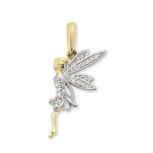 May include: A gold and silver pendant featuring a fairy with wings adorned with sparkling clear stones.