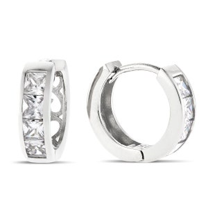 Sterling Silver CZ Hoop Earrings 16x4mm Flat Cubic Zirconia Huggie Hinged Earrings Gift Box