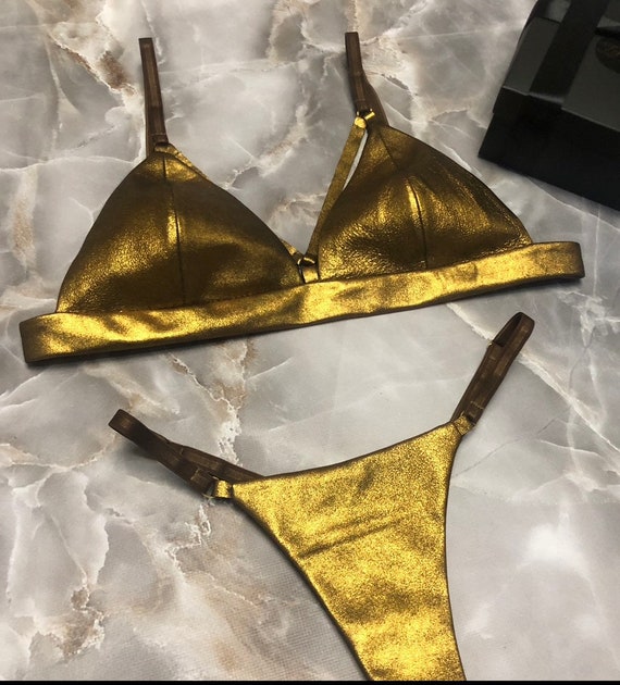 Real Leather Gold Bra Bralette Panty Panties Thong Underwear Sexy Harness  Bondage Handmade 