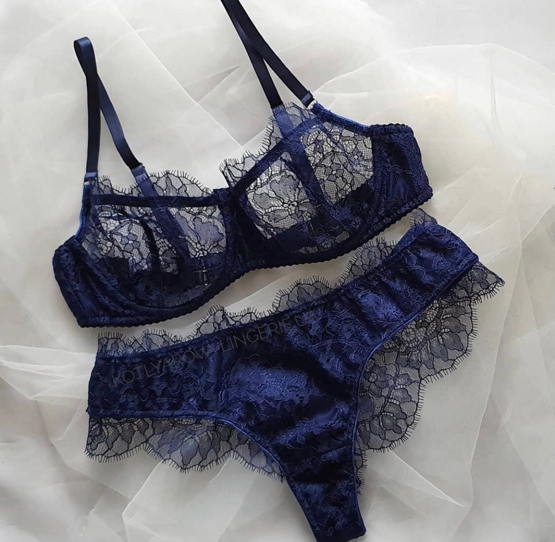 Lace Blue Lace Lingerie Dark Set Bra Bralette Panty Panties Handmade  Underwear Sexy Basic Gift for Girl Wife Individual Sewing -  Israel