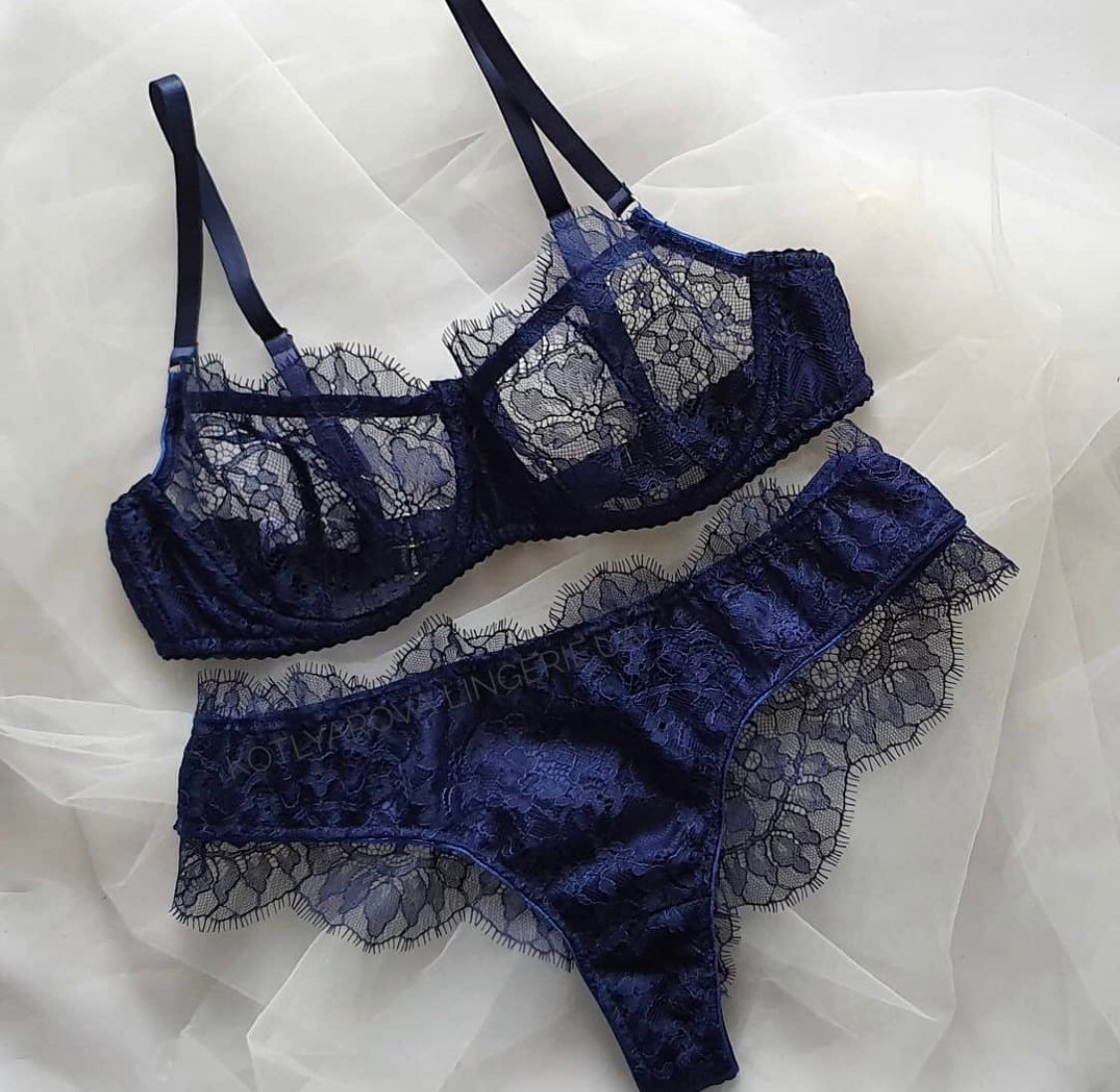 Lace Blue Lace Lingerie Dark Set Bra Bralette Panty Panties Handmade  Underwear Sexy Basic Gift for Girl Wife Individual Sewing 