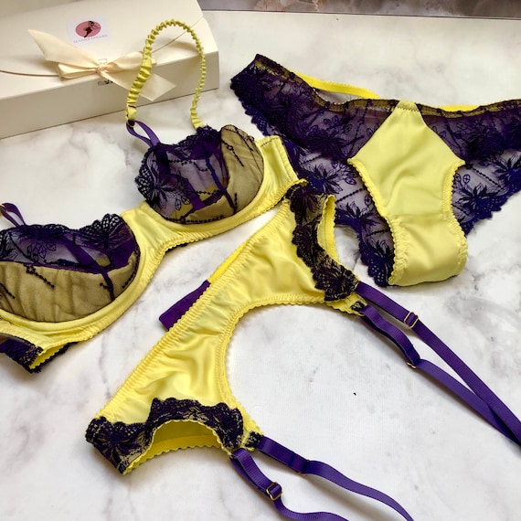 Lacesatin Violet Yellow Neon Lemon Lingerie Lace Set Silk Satin