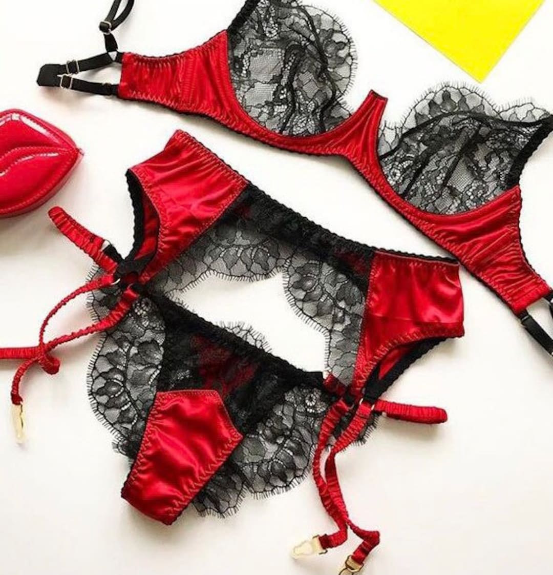 Bra & Panty Set Hers by Herman Red Black Lace Push-up Sexy Flirty Lingerie