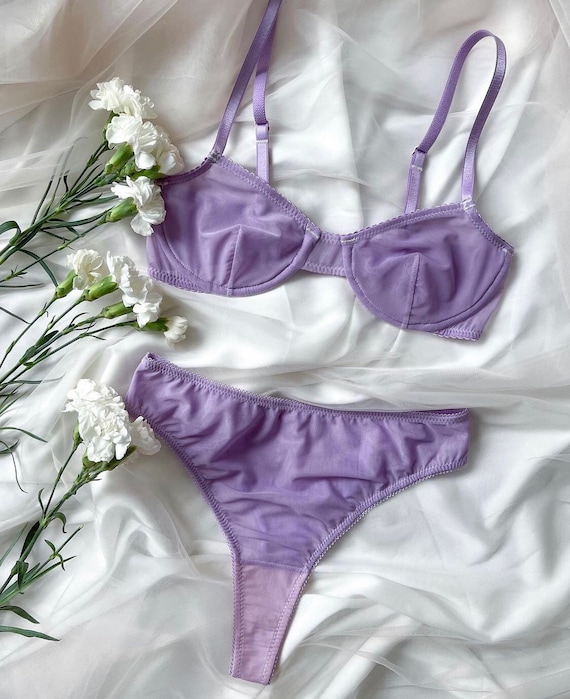 Mesh Lilac Purple Mesh Transparent Lace Lingerie Set Bra Bralette