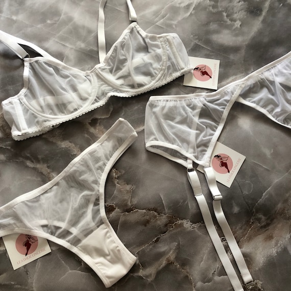 Mesh White Lingerie Set Bra Bralette Panty Panties Handmade Wedding Gift  for Girl Basic Stocking Belt Thong -  Denmark
