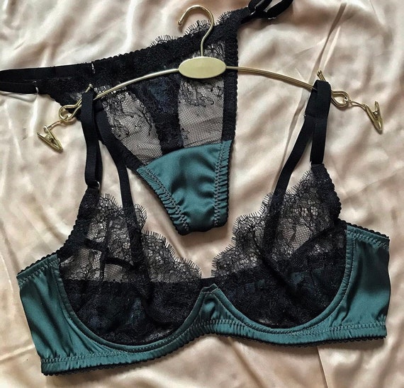 Lacesatin Black Emerald Green Lace Silk Satin Lingerie Set Bra