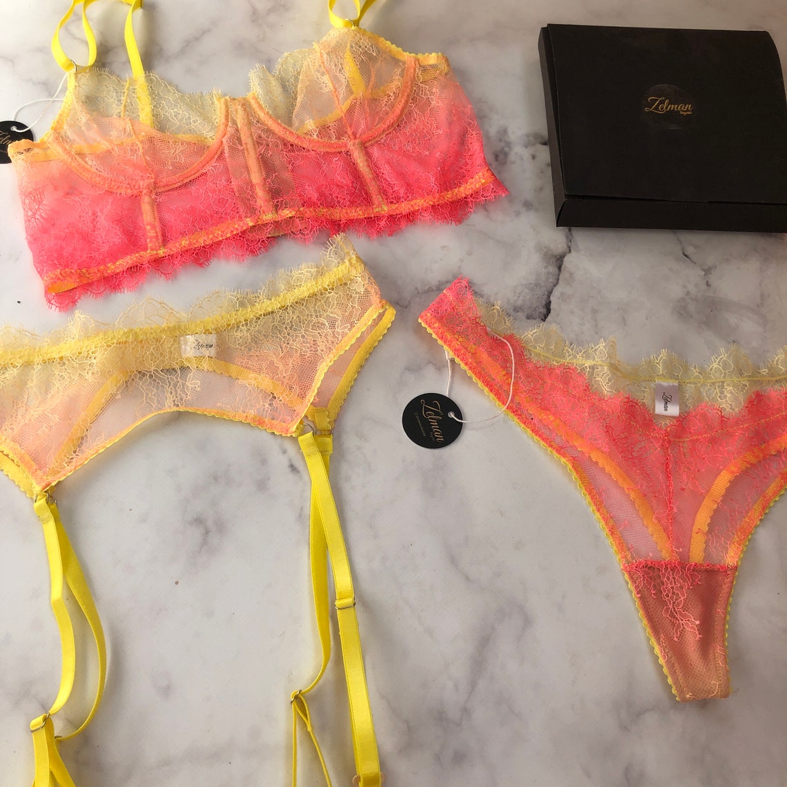 Neon yellow orange lace lingerie set panties stocking belt Etsy