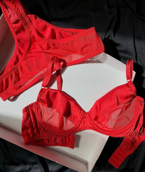 Meshsatin Red Lace Lingerie Set Bra Silk Satin Bralette Thong Panty Mesh  Exclusive Handmade Individual Sewing 