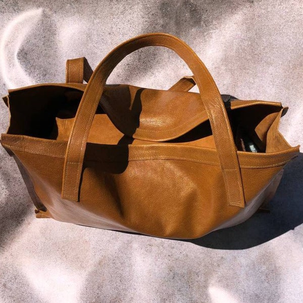 Real leather brown genuine shopper shoulder bag tote large big
