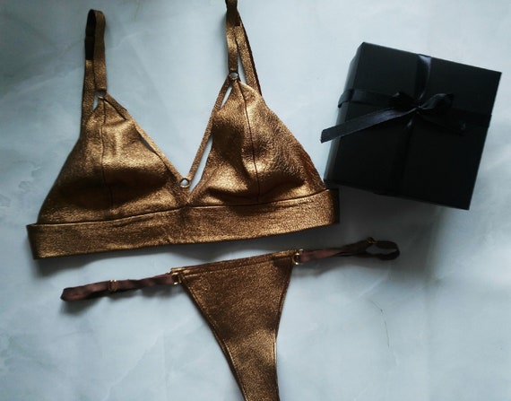 Leather Bra and Panty Set, Leather Lingerie Set, Leather Underwear