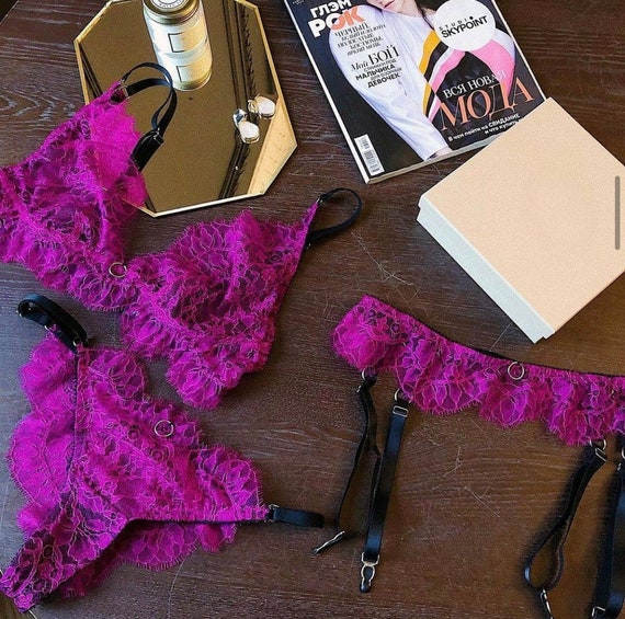 Violet Lingerie Set, Sexy Lingerie, Lingerie With Stocking Belt, Purple  Lingerie, Black Underwear, Handmade Lingerie Set, Sexy Underwear 