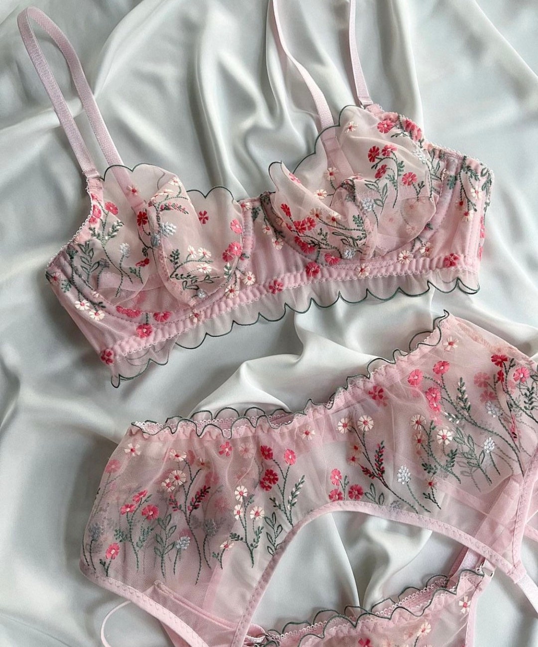 Lace Lingerie Set Pink Flowers Bra Bralette Panty Panties Etsy