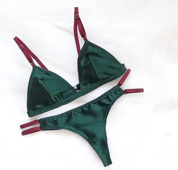 Satin burgundy lingerie set bra bralette panty panties thong gift for girl  sexy underwear handmade