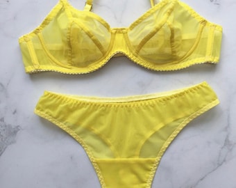 Mesh Yellow mesh transparent lingerie set handmade bra bralette panty  panties thong exclusive underwear