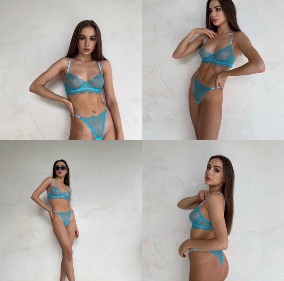 Conjunto de encaje de lenceria azul turquesa de encaje sujetador bralette panty bragas ropa interior hecha a mano Etsy Mexico