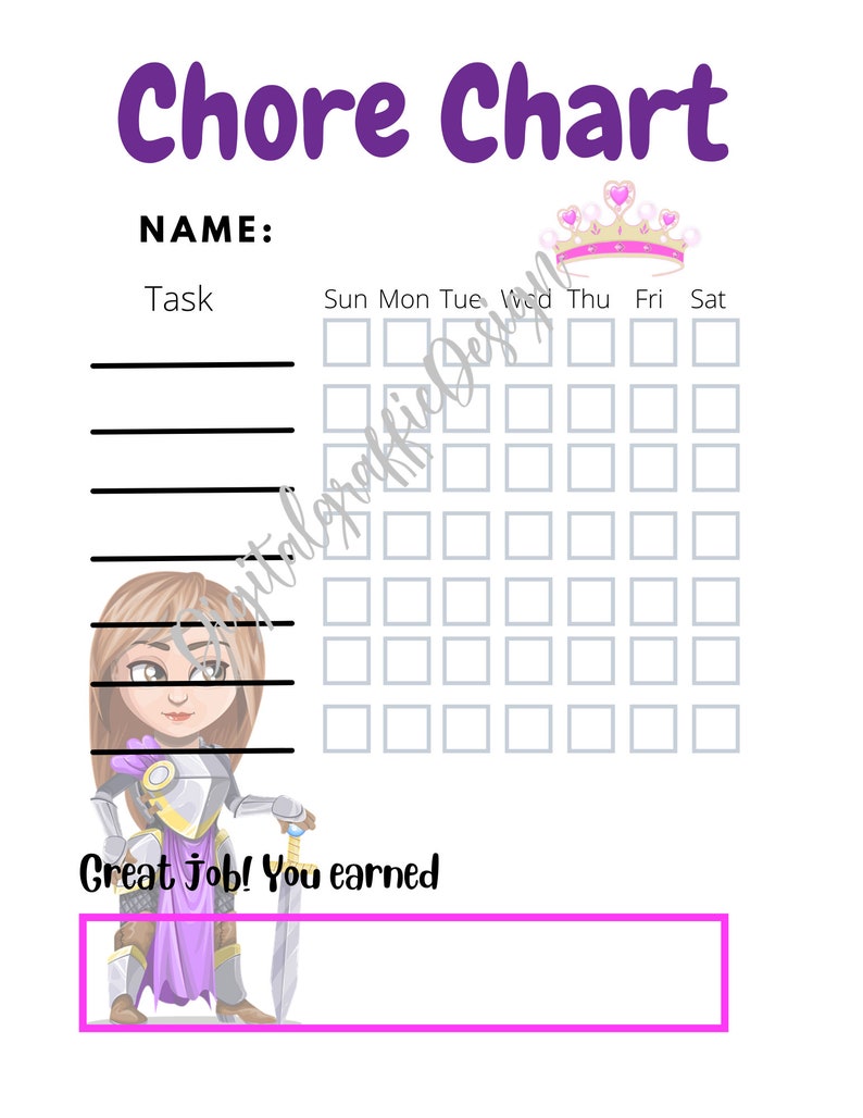 Princess Chore Chart Chore Chart Printable Chore Chart | Etsy